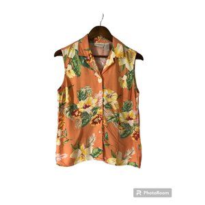 Liz Claiborne Sleeveless Orange Hawaiian Button Front Collard Blouse Size M